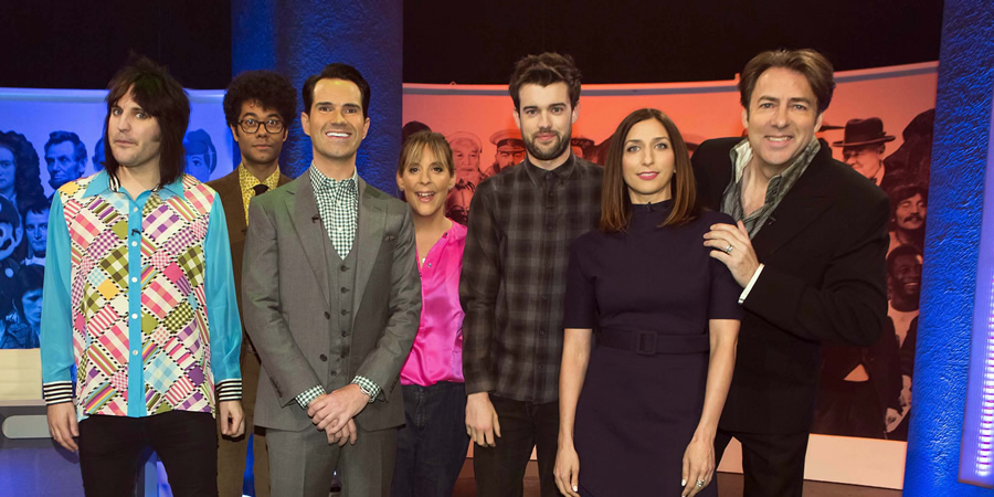 The Big Fat Quiz Of Everything. Image shows from L to R: Noel Fielding, Richard Ayoade, Jimmy Carr, Mel Giedroyc, Jack Whitehall, Chelsea Peretti, Jonathan Ross. The Big Fat Quiz Of Everything. Image shows from L to R: Noel Fielding, Richard Ayoade, Jimmy Carr, Mel Giedroyc, Jack Whitehall, Chelsea Peretti, Jonathan Ross.