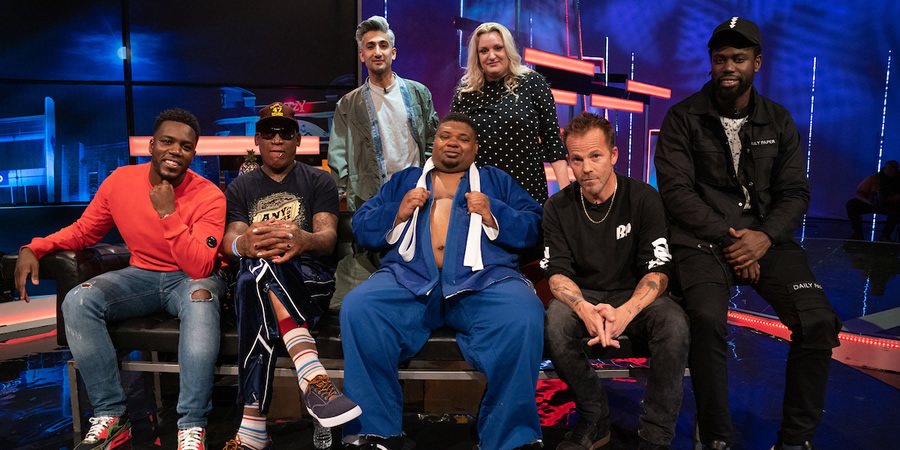 The Big Narstie Show. Image shows from L to R: Mo Gilligan, Dennis Rodman, Tan France, Big Narstie, Daisy May Cooper, Stephen Dorff, Unknown. The Big Narstie Show. Image shows from L to R: Mo Gilligan, Dennis Rodman, Tan France, Big Narstie, Daisy May Cooper, Stephen Dorff, Unknown.