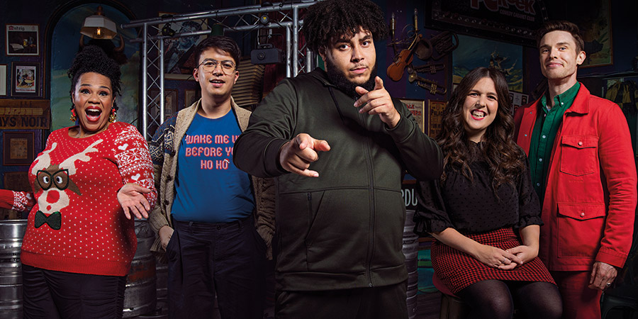 Big Zuu's Big Eats. Image shows from L to R: Desiree Burch, Phil Wang, Big Zuu, Rosie Jones, Ed Gamble. Copyright: UKTV. Big Zuu's Big Eats. Image shows from L to R: Desiree Burch, Phil Wang, Big Zuu, Rosie Jones, Ed Gamble. Copyright: UKTV.