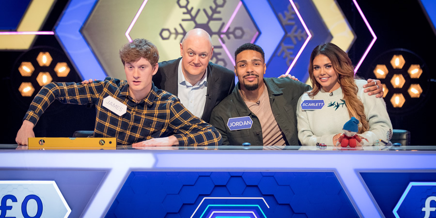 Blockbusters. Image shows from L to R: James Acaster, Dara O Briain, Jordan Banjo, Scarlett Moffatt. Copyright: Thames. Blockbusters. Image shows from L to R: James Acaster, Dara O Briain, Jordan Banjo, Scarlett Moffatt. Copyright: Thames.