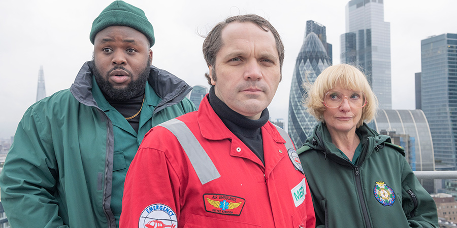 Bloods. Image shows from L to R: Maleek (Samson Kayo), Phil (Matthew Holness), Wendy (Jane Horrocks). Copyright: Roughcut Television. Bloods. Image shows from L to R: Maleek (Samson Kayo), Phil (Matthew Holness), Wendy (Jane Horrocks). Copyright: Roughcut Television.