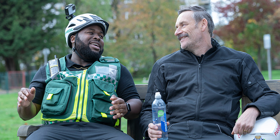 Bloods. Image shows from L to R: Maleek (Samson Kayo), Lawrence (Julian Barratt). Copyright: Roughcut Television. Bloods. Image shows from L to R: Maleek (Samson Kayo), Lawrence (Julian Barratt). Copyright: Roughcut Television.