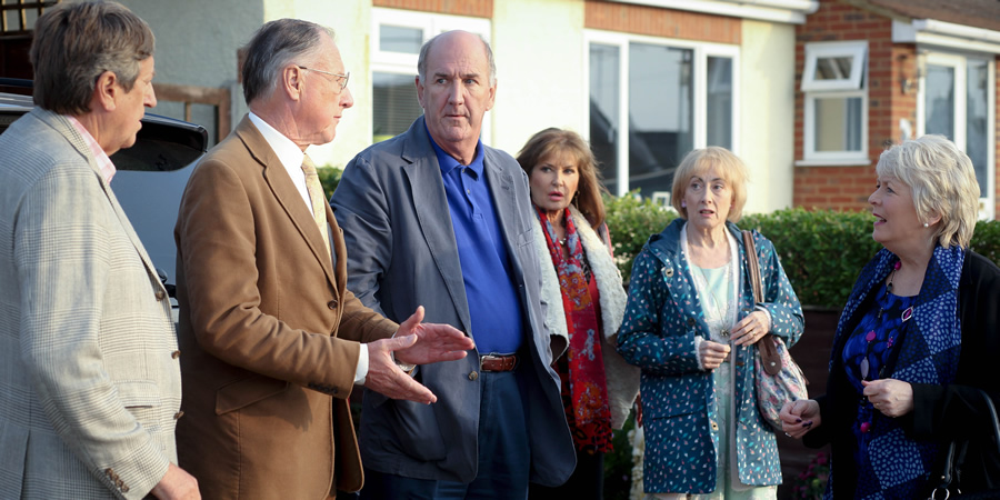 Boomers. Image shows from L to R: Alan (Philip Jackson), Trevor (James Smith), John (Russ Abbot), Maureen (Stephanie Beacham), Carol (Paula Wilcox), Joyce (Alison Steadman). Copyright: Hat Trick Productions. Boomers. Image shows from L to R: Alan (Philip Jackson), Trevor (James Smith), John (Russ Abbot), Maureen (Stephanie Beacham), Carol (Paula Wilcox), Joyce (Alison Steadman). Copyright: Hat Trick Productions.