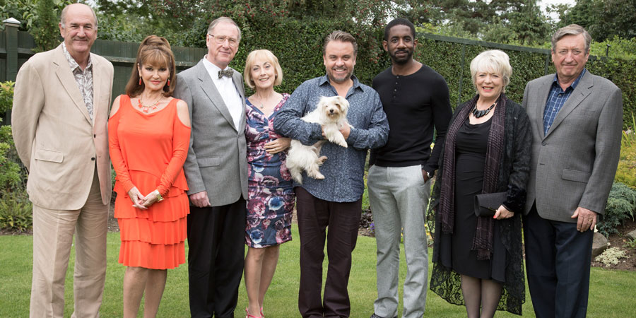 Boomers. Image shows from L to R: John (Russ Abbot), Maureen (Stephanie Beacham), Trevor (James Smith), Carol (Paula Wilcox), Matt (Lee Boardman), Seb (Rhashan Stone), Joyce (Alison Steadman), Alan (Philip Jackson). Copyright: Hat Trick Productions. Boomers. Image shows from L to R: John (Russ Abbot), Maureen (Stephanie Beacham), Trevor (James Smith), Carol (Paula Wilcox), Matt (Lee Boardman), Seb (Rhashan Stone), Joyce (Alison Steadman), Alan (Philip Jackson). Copyright: Hat Trick Productions.