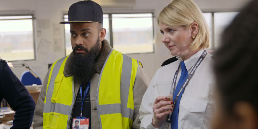 Borderline. Image shows from L to R: Mo Khan (Guz Khan), Linda Proctor (Jackie Clune). Copyright: Little Rock. Borderline. Image shows from L to R: Mo Khan (Guz Khan), Linda Proctor (Jackie Clune). Copyright: Little Rock.
