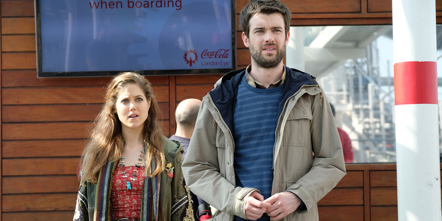 Bounty Hunters. Image shows from L to R: Leah Walker (Charity Wakefield), Barnaby Walker (Jack Whitehall). Copyright: Cave Bear Productions. Bounty Hunters. Image shows from L to R: Leah Walker (Charity Wakefield), Barnaby Walker (Jack Whitehall). Copyright: Cave Bear Productions.