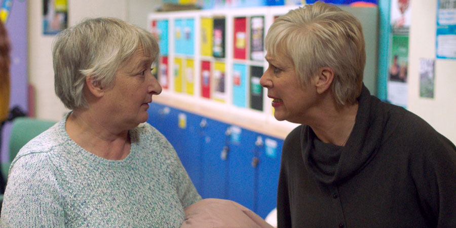 Boy Meets Girl. Image shows from L to R: Peggy (Janine Duvitski), Pam (Denise Welch). Copyright: Tiger Aspect Productions. Boy Meets Girl. Image shows from L to R: Peggy (Janine Duvitski), Pam (Denise Welch). Copyright: Tiger Aspect Productions.