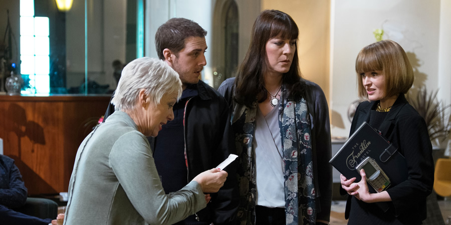 Boy Meets Girl. Image shows from L to R: Pam (Denise Welch), Leo (Harry Hepple), Judy (Rebecca Root), Monica (Sally Tatum). Copyright: Tiger Aspect Productions. Boy Meets Girl. Image shows from L to R: Pam (Denise Welch), Leo (Harry Hepple), Judy (Rebecca Root), Monica (Sally Tatum). Copyright: Tiger Aspect Productions.