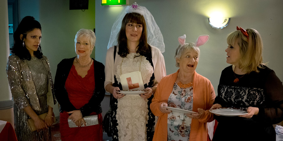 Boy Meets Girl. Image shows from L to R: Anji (Vineeta Rishi), Pam (Denise Welch), Judy (Rebecca Root), Peggy (Janine Duvitski), Jackie (Lizzie Roper). Copyright: Tiger Aspect Productions. Boy Meets Girl. Image shows from L to R: Anji (Vineeta Rishi), Pam (Denise Welch), Judy (Rebecca Root), Peggy (Janine Duvitski), Jackie (Lizzie Roper). Copyright: Tiger Aspect Productions.