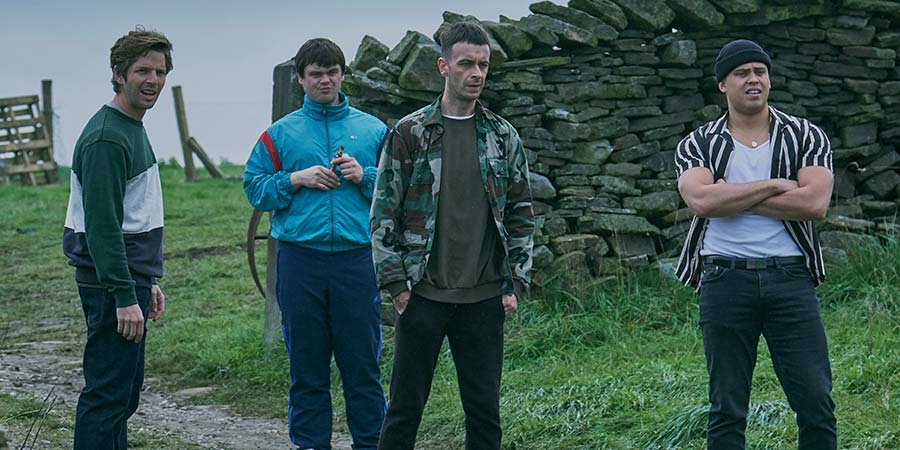 Brassic. Image shows from L to R: Dylan (Damien Molony), Cardi (Tom Hanson), Vinnie (Joe Gilgun), Ash (Aaron Heffernan). Copyright: Calamity Films. Brassic. Image shows from L to R: Dylan (Damien Molony), Cardi (Tom Hanson), Vinnie (Joe Gilgun), Ash (Aaron Heffernan). Copyright: Calamity Films.