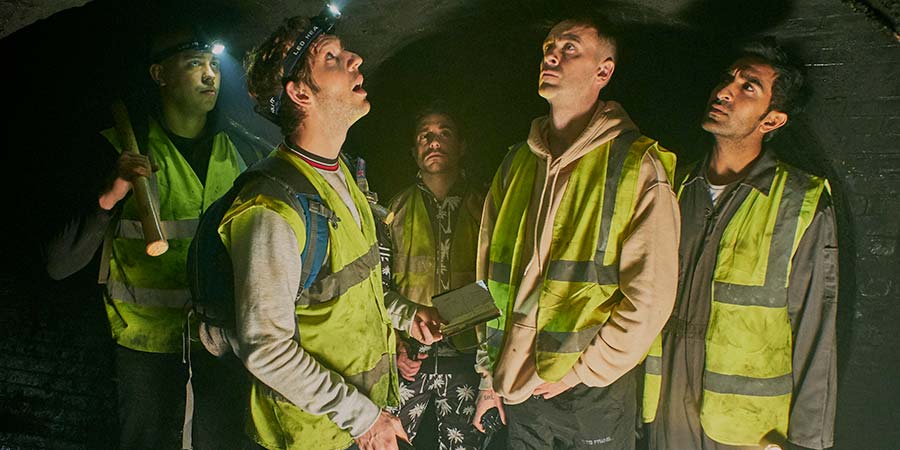 Brassic. Image shows from L to R: Ash (Aaron Heffernan), Dylan (Damien Molony), Tommo (Ryan Sampson), Vinnie (Joe Gilgun), JJ (Parth Thakerar). Copyright: Calamity Films. Brassic. Image shows from L to R: Ash (Aaron Heffernan), Dylan (Damien Molony), Tommo (Ryan Sampson), Vinnie (Joe Gilgun), JJ (Parth Thakerar). Copyright: Calamity Films.