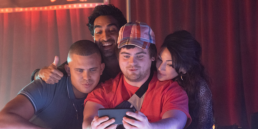 Brassic. Image shows from L to R: Ash (Aaron Heffernan), JJ (Parth Thakerar), Cardi (Tom Hanson), Erin (Michelle Keegan). Copyright: Calamity Films. Brassic. Image shows from L to R: Ash (Aaron Heffernan), JJ (Parth Thakerar), Cardi (Tom Hanson), Erin (Michelle Keegan). Copyright: Calamity Films.