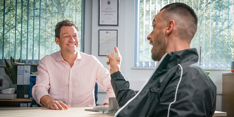 Brassic. Image shows from L to R: Dr Chris Cox (Dominic West), Vinnie (Joe Gilgun). Copyright: Calamity Films. Brassic. Image shows from L to R: Dr Chris Cox (Dominic West), Vinnie (Joe Gilgun). Copyright: Calamity Films.