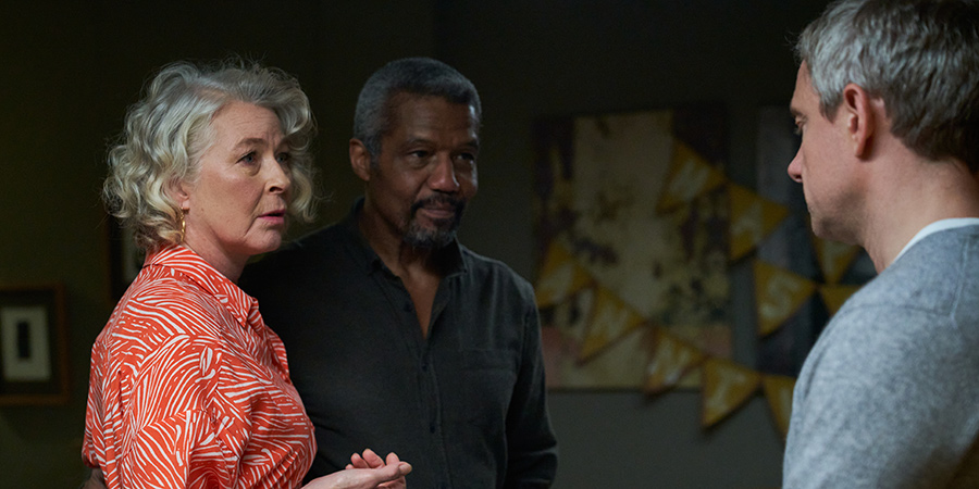 Breeders. Image shows from L to R: Leah (Stella Gonet), Alex (Hugh Quarshie), Paul (Martin Freeman). Copyright: Avalon Television. Breeders. Image shows from L to R: Leah (Stella Gonet), Alex (Hugh Quarshie), Paul (Martin Freeman). Copyright: Avalon Television.