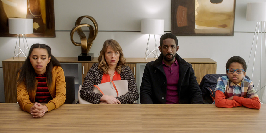 Carters Get Rich. Image shows from L to R: Ellie Carter (Rhianna Merralls), Liz Carter (Kerry Godliman), Tony Carter (Rhashan Stone), Harry Carter (Rio Chambers). Copyright: Roughcut Television. Carters Get Rich. Image shows from L to R: Ellie Carter (Rhianna Merralls), Liz Carter (Kerry Godliman), Tony Carter (Rhashan Stone), Harry Carter (Rio Chambers). Copyright: Roughcut Television.