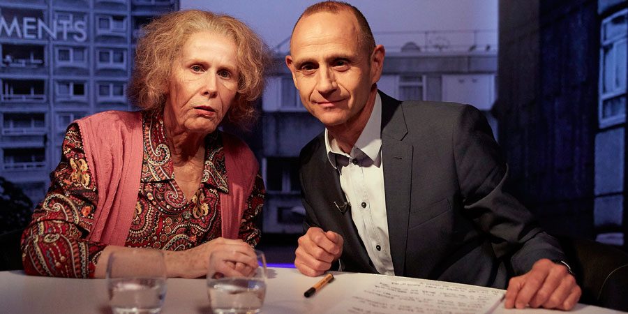 Catherine Tate's Nan. Image shows from L to R: Nan (Catherine Tate), Evan Davis. Copyright: Tiger Aspect Productions. Catherine Tate's Nan. Image shows from L to R: Nan (Catherine Tate), Evan Davis. Copyright: Tiger Aspect Productions.
