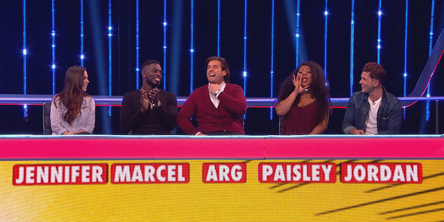 CelebAbility. Image shows from L to R: Jennifer Metcalfe, Marcel Somerville, James Argent, Paisley Billings, Jordan Davies. Copyright: Potato. CelebAbility. Image shows from L to R: Jennifer Metcalfe, Marcel Somerville, James Argent, Paisley Billings, Jordan Davies. Copyright: Potato.