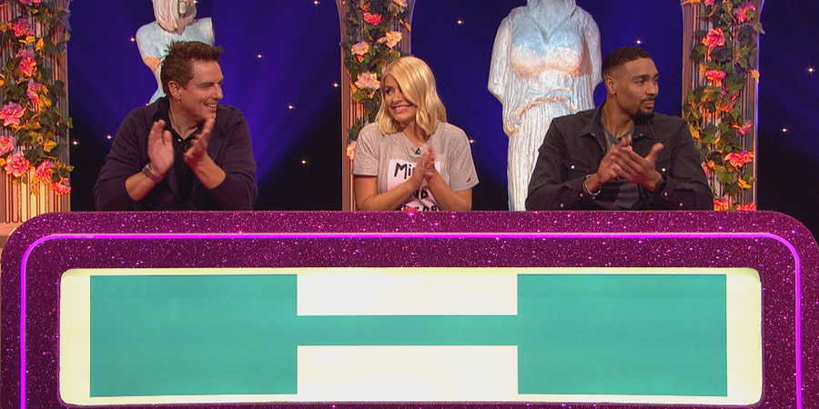Celebrity Juice. Image shows from L to R: John Barrowman, Holly Willoughby, Jordan Banjo. Celebrity Juice. Image shows from L to R: John Barrowman, Holly Willoughby, Jordan Banjo.