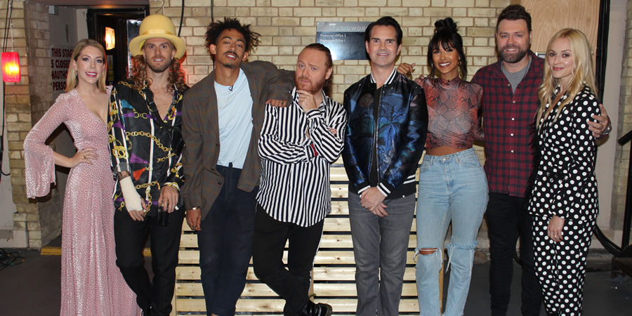 Celebrity Juice. Image shows from L to R: Katherine Ryan, Joel Dommett, Jordan Stephens, Leigh Francis, Jimmy Carr, Maya Jama, Brian McFadden, Fearne Cotton. Celebrity Juice. Image shows from L to R: Katherine Ryan, Joel Dommett, Jordan Stephens, Leigh Francis, Jimmy Carr, Maya Jama, Brian McFadden, Fearne Cotton.