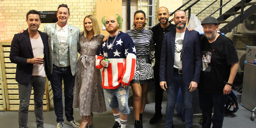 Celebrity Juice. Image shows from L to R: Gino D'Acampo, Craig Revel Horwood, Kimberley Walsh, Leigh Francis, Rochelle Humes, Marvin Humes, Fred Sirieix, Johnny Vegas. Celebrity Juice. Image shows from L to R: Gino D'Acampo, Craig Revel Horwood, Kimberley Walsh, Leigh Francis, Rochelle Humes, Marvin Humes, Fred Sirieix, Johnny Vegas.