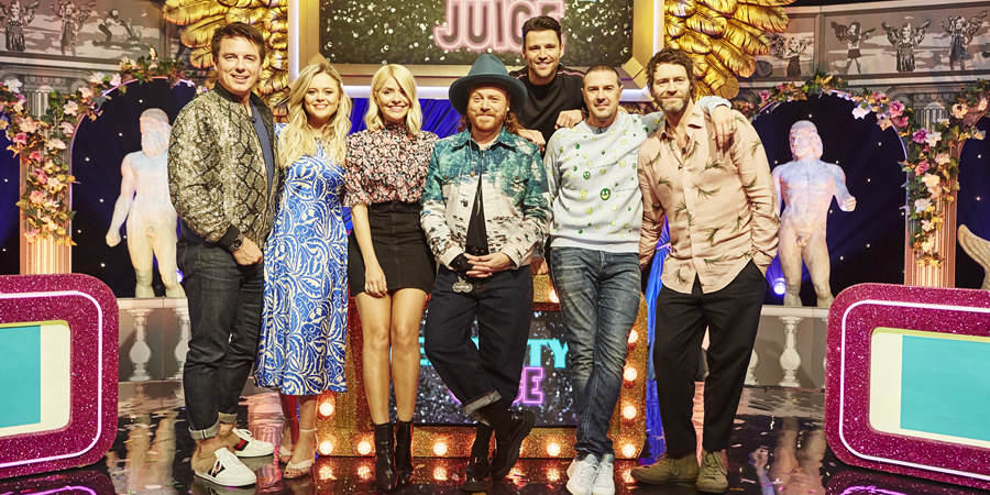Celebrity Juice. Image shows from L to R: John Barrowman, Emily Atack, Holly Willoughby, Leigh Francis, Mark Wright, Paddy McGuinness, Howard Donald. Celebrity Juice. Image shows from L to R: John Barrowman, Emily Atack, Holly Willoughby, Leigh Francis, Mark Wright, Paddy McGuinness, Howard Donald.