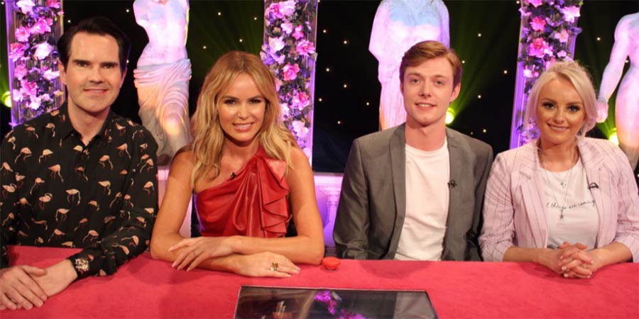 Celebrity Juice. Image shows from L to R: Jimmy Carr, Amanda Holden, Rob Mallard, Katie McGlynn. Celebrity Juice. Image shows from L to R: Jimmy Carr, Amanda Holden, Rob Mallard, Katie McGlynn.