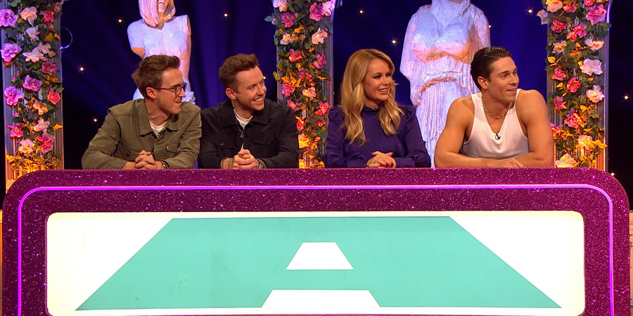 Celebrity Juice. Image shows from L to R: Tom Fletcher, Danny Jones, Amanda Holden, Joey Essex. Celebrity Juice. Image shows from L to R: Tom Fletcher, Danny Jones, Amanda Holden, Joey Essex.