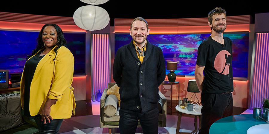 Channel Hopping With Jon Richardson. Image shows from L to R: Judi Love, Jon Richardson, Ivo Graham. Copyright: Rumpus Media. Channel Hopping With Jon Richardson. Image shows from L to R: Judi Love, Jon Richardson, Ivo Graham. Copyright: Rumpus Media.