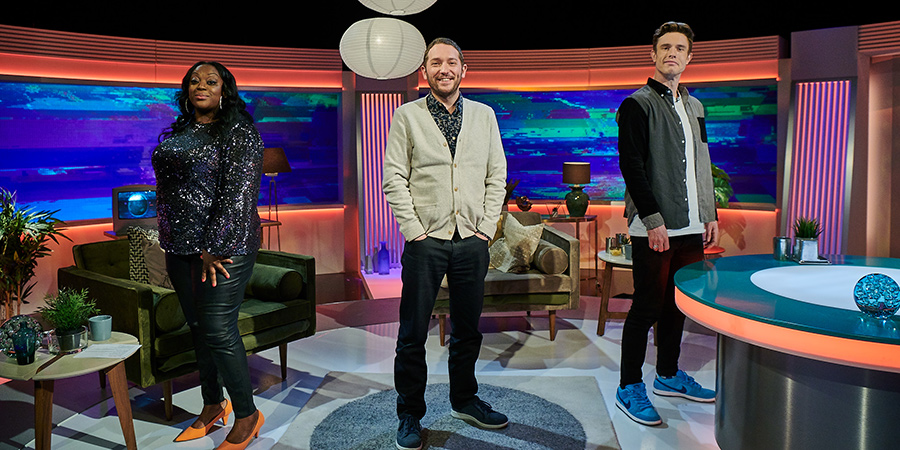 Channel Hopping With Jon Richardson. Image shows from L to R: Judi Love, Jon Richardson, Ed Gamble. Copyright: Rumpus Media. Channel Hopping With Jon Richardson. Image shows from L to R: Judi Love, Jon Richardson, Ed Gamble. Copyright: Rumpus Media.