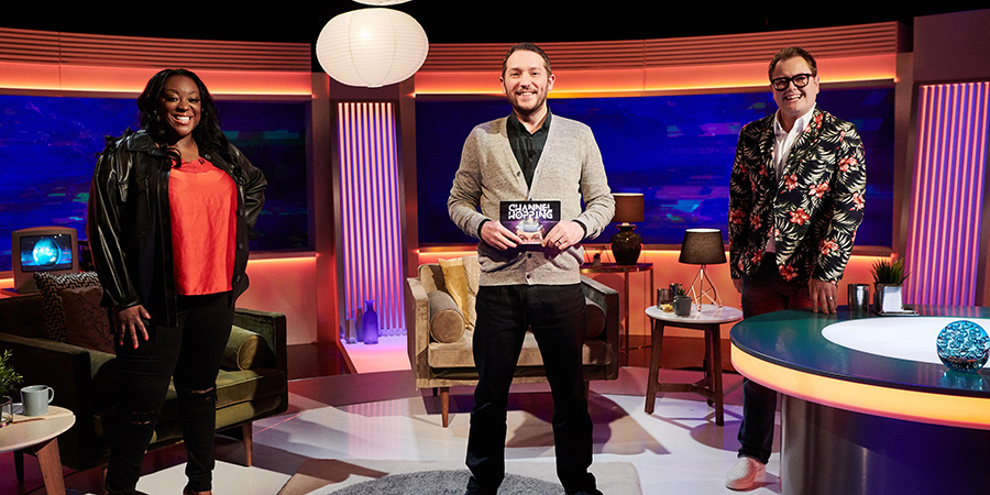 Channel Hopping With Jon Richardson. Image shows from L to R: Judi Love, Jon Richardson, Alan Carr. Copyright: Rumpus Media. Channel Hopping With Jon Richardson. Image shows from L to R: Judi Love, Jon Richardson, Alan Carr. Copyright: Rumpus Media.