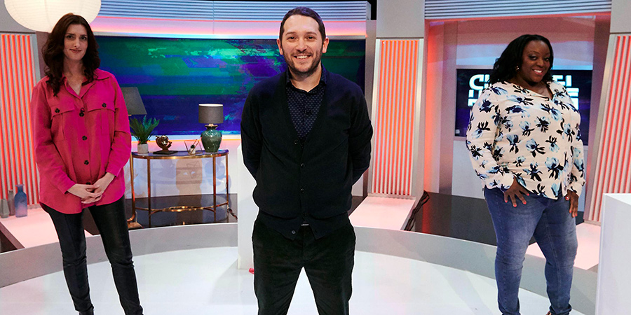 Channel Hopping With Jon Richardson. Image shows from L to R: Jessica Knappett, Jon Richardson, Judi Love. Copyright: Rumpus Media. Channel Hopping With Jon Richardson. Image shows from L to R: Jessica Knappett, Jon Richardson, Judi Love. Copyright: Rumpus Media.