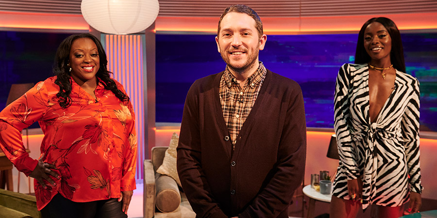 Channel Hopping With Jon Richardson. Image shows from L to R: Judi Love, Jon Richardson, Onatejiro Odudu. Copyright: Rumpus Media. Channel Hopping With Jon Richardson. Image shows from L to R: Judi Love, Jon Richardson, Onatejiro Odudu. Copyright: Rumpus Media.