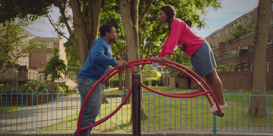 Chewing Gum. Image shows from L to R: Boy Tracy (Jonathan Livingstone), Tracey Gordon (Michaela Coel). Copyright: Retort. Chewing Gum. Image shows from L to R: Boy Tracy (Jonathan Livingstone), Tracey Gordon (Michaela Coel). Copyright: Retort.