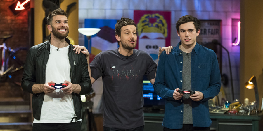 The Chris Ramsey Show. Image shows from L to R: Joel Dommett, Chris Ramsey, Rhys James. Copyright: Avalon Television. The Chris Ramsey Show. Image shows from L to R: Joel Dommett, Chris Ramsey, Rhys James. Copyright: Avalon Television.