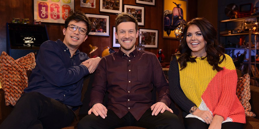 The Chris Ramsey Show. Image shows from L to R: Phil Wang, Chris Ramsey, Scarlett Moffatt. Copyright: Avalon Television. The Chris Ramsey Show. Image shows from L to R: Phil Wang, Chris Ramsey, Scarlett Moffatt. Copyright: Avalon Television.