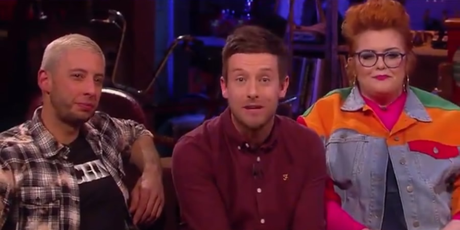 The Chris Ramsey Show. Image shows from L to R: Example, Chris Ramsey, Jayde Adams. Copyright: Avalon Television. The Chris Ramsey Show. Image shows from L to R: Example, Chris Ramsey, Jayde Adams. Copyright: Avalon Television.