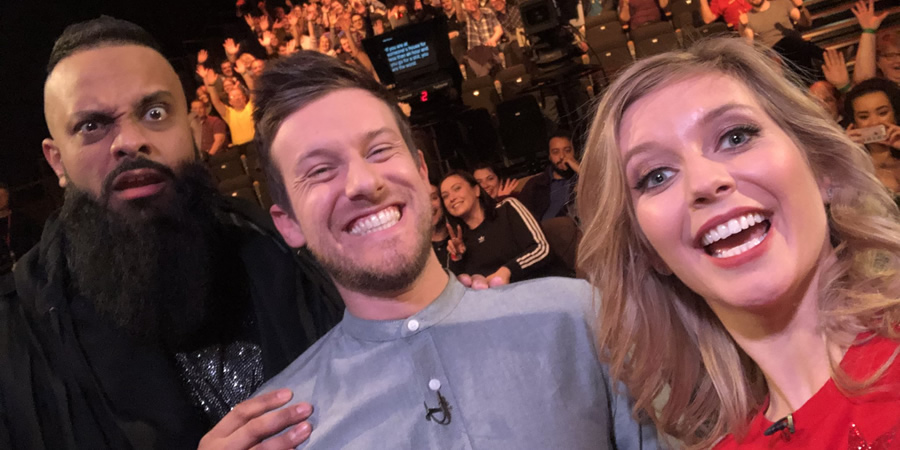 The Chris Ramsey Show. Image shows from L to R: Guz Khan, Chris Ramsey, Rachel Riley. Copyright: Avalon Television. The Chris Ramsey Show. Image shows from L to R: Guz Khan, Chris Ramsey, Rachel Riley. Copyright: Avalon Television.