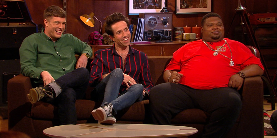 The Chris Ramsey Show. Image shows from L to R: Ed Gamble, Nick Grimshaw, Big Narstie. Copyright: Avalon Television. The Chris Ramsey Show. Image shows from L to R: Ed Gamble, Nick Grimshaw, Big Narstie. Copyright: Avalon Television.