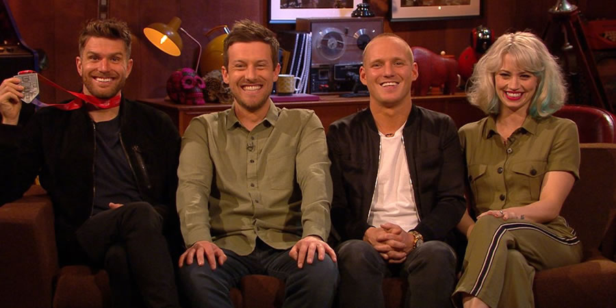 The Chris Ramsey Show. Image shows from L to R: Joel Dommett, Chris Ramsey, Jamie Laing, Kimberly Wyatt. Copyright: Avalon Television. The Chris Ramsey Show. Image shows from L to R: Joel Dommett, Chris Ramsey, Jamie Laing, Kimberly Wyatt. Copyright: Avalon Television.