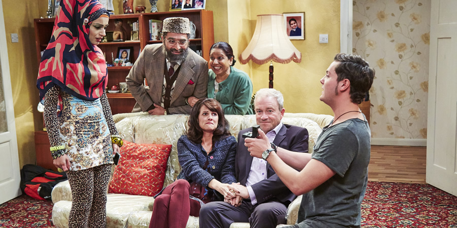 Citizen Khan. Image shows from L to R: Alia (Bhavna Limbachia), Mr Khan (Adil Ray), Suzanne (Niky Wardley), Mrs Khan (Shobu Kapoor), Andy (Harry Enfield), Scab (Tyger Drew-Honey). Copyright: BBC. Citizen Khan. Image shows from L to R: Alia (Bhavna Limbachia), Mr Khan (Adil Ray), Suzanne (Niky Wardley), Mrs Khan (Shobu Kapoor), Andy (Harry Enfield), Scab (Tyger Drew-Honey). Copyright: BBC.