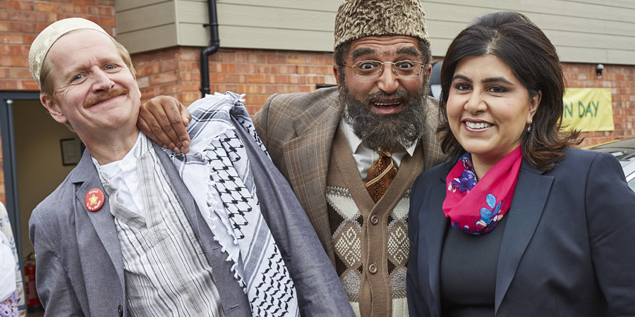 Citizen Khan. Image shows from L to R: Dave (Matthew Cottle), Mr Khan (Adil Ray), Sayeeda Warsi. Copyright: BBC. Citizen Khan. Image shows from L to R: Dave (Matthew Cottle), Mr Khan (Adil Ray), Sayeeda Warsi. Copyright: BBC.
