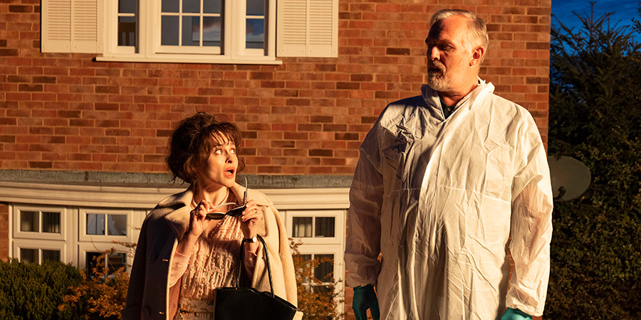 The Cleaner. Image shows from L to R: Sheila (Helena Bonham Carter), Paul 'Wicky' Wickstead (Greg Davies). The Cleaner. Image shows from L to R: Sheila (Helena Bonham Carter), Paul 'Wicky' Wickstead (Greg Davies).