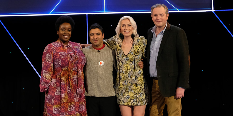 Comedians Giving Lectures. Image shows from L to R: Lolly Adefope, Mr Swallow (Nick Mohammed), Sara Pascoe, Miles Jupp. Copyright: 12 Yard Productions. Comedians Giving Lectures. Image shows from L to R: Lolly Adefope, Mr Swallow (Nick Mohammed), Sara Pascoe, Miles Jupp. Copyright: 12 Yard Productions.