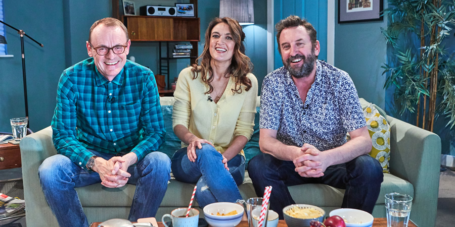 Comedians Watching Football With Friends. Image shows from L to R: Sean Lock, Emily Dean, Lee Mack. Copyright: Avalon Television. Comedians Watching Football With Friends. Image shows from L to R: Sean Lock, Emily Dean, Lee Mack. Copyright: Avalon Television.