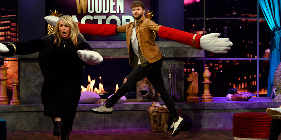 Comedy Game Night. Image shows from L to R: Sally Lindsay, Jay McGuiness. Copyright: Monkey Kingdom. Comedy Game Night. Image shows from L to R: Sally Lindsay, Jay McGuiness. Copyright: Monkey Kingdom.
