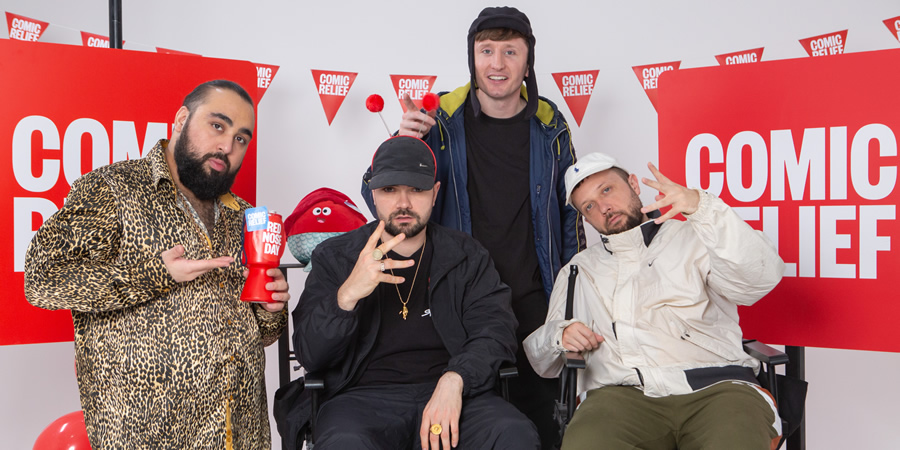 Comic Relief. Image shows from L to R: Chabuddy G (Asim Chaudhry), Grindah (Allan Mustafa), Steves (Steve Stamp), Beats (Hugo Chegwin). Copyright: BBC. Comic Relief. Image shows from L to R: Chabuddy G (Asim Chaudhry), Grindah (Allan Mustafa), Steves (Steve Stamp), Beats (Hugo Chegwin). Copyright: BBC.