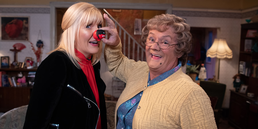 Comic Relief. Image shows from L to R: Cathy Brown (Jennifer Gibney), Agnes Brown (Brendan O'Carroll). Copyright: BBC. Comic Relief. Image shows from L to R: Cathy Brown (Jennifer Gibney), Agnes Brown (Brendan O'Carroll). Copyright: BBC.