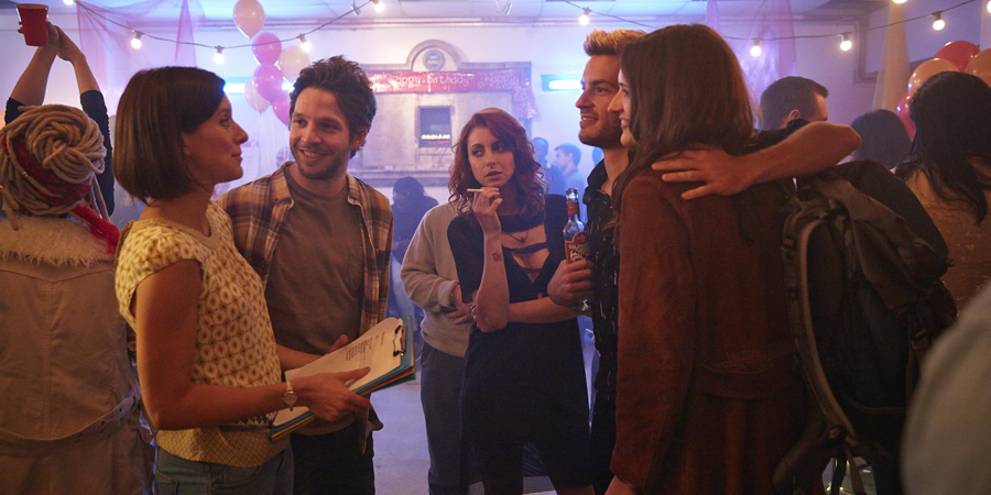 Crashing. Image shows from L to R: Kate (Louise Ford), Anthony (Damien Molony), Melody (Julie Dray), Sam (Jonathan Bailey), Lulu (Phoebe Waller-Bridge). Copyright: Big Talk Productions. Crashing. Image shows from L to R: Kate (Louise Ford), Anthony (Damien Molony), Melody (Julie Dray), Sam (Jonathan Bailey), Lulu (Phoebe Waller-Bridge). Copyright: Big Talk Productions.
