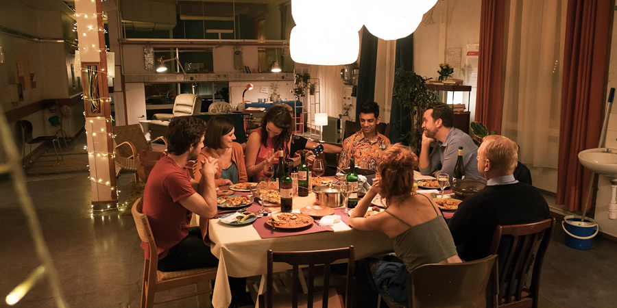 Crashing. Image shows from L to R: Anthony (Damien Molony), Kate (Louise Ford), Lulu (Phoebe Waller-Bridge), Fred (Amit Shah), Melody (Julie Dray), Will (Lachie Chapman), Colin (Adrian Scarborough). Copyright: Big Talk Productions. Crashing. Image shows from L to R: Anthony (Damien Molony), Kate (Louise Ford), Lulu (Phoebe Waller-Bridge), Fred (Amit Shah), Melody (Julie Dray), Will (Lachie Chapman), Colin (Adrian Scarborough). Copyright: Big Talk Productions.
