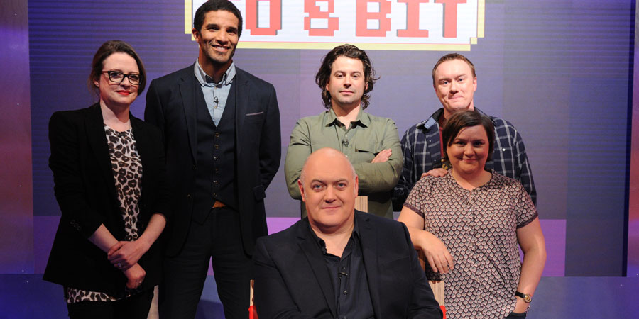 Dara O Briain's Go 8 Bit. Image shows from L to R: Ellie Gibson, David James, Dara O Briain, Sam Pamphilon, Steve McNeil, Susan Calman. Copyright: DLT Entertainment Ltd.. Dara O Briain's Go 8 Bit. Image shows from L to R: Ellie Gibson, David James, Dara O Briain, Sam Pamphilon, Steve McNeil, Susan Calman. Copyright: DLT Entertainment Ltd..